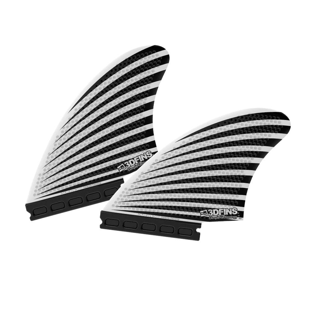 Two black and white striped surfboard fins on a white background