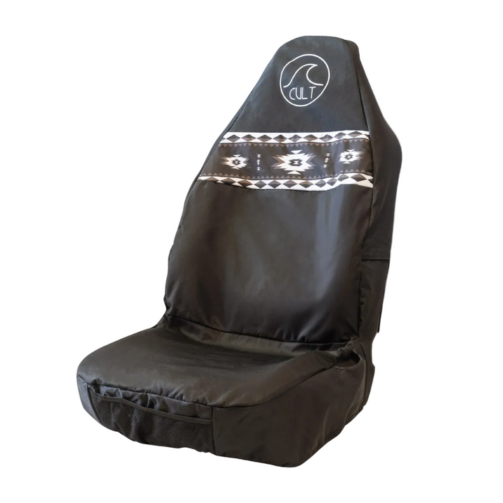 Black seat cover with white patterns on a beige background