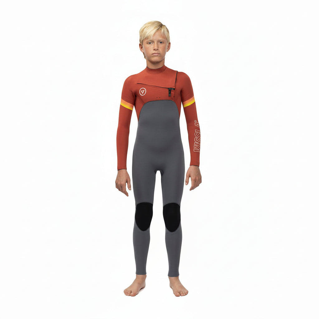Child wearing a red and gray wetsuit on a white background