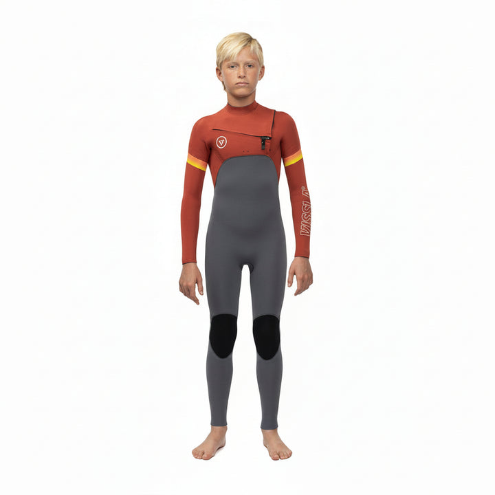 Child wearing a red and gray wetsuit on a white background