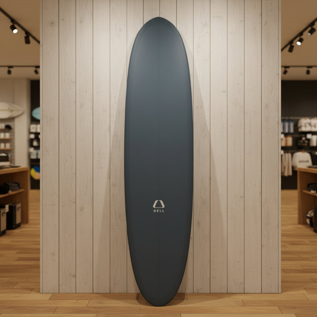 A slate blue surfboard standing upright on a yellow stand in a backyard, with a blue house, green bushes, and a paddleboard visible in the background.