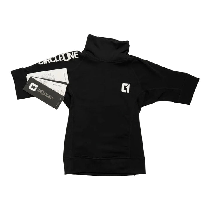 Black rash vest with a logo on a white background