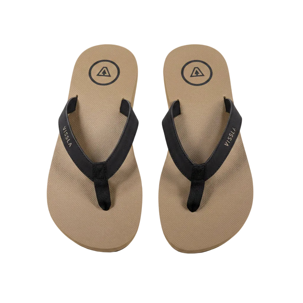 Pair of tan flip-flops with black straps on a white background
