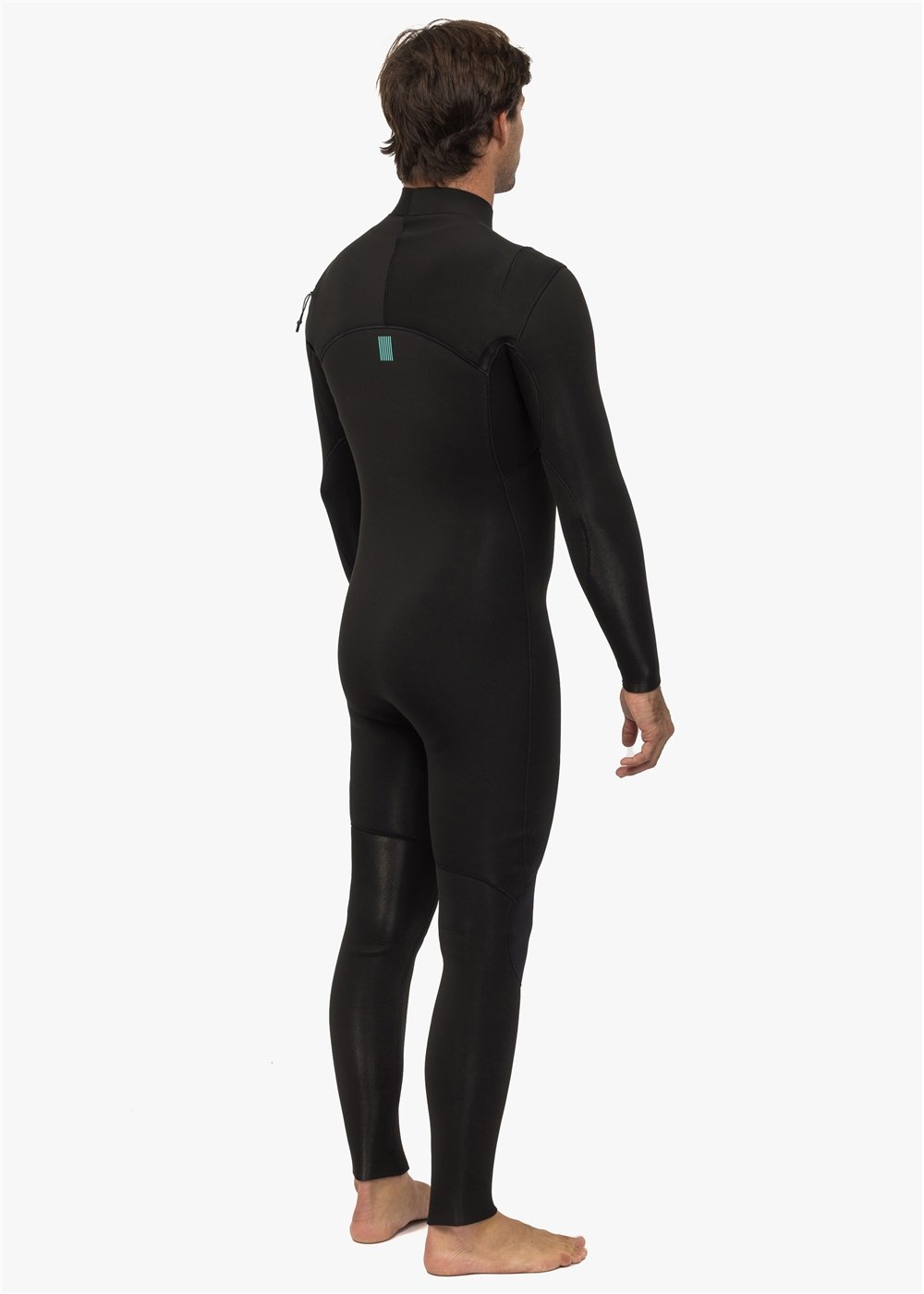 Side-back view of Vissla New Seas wetsuit in black.