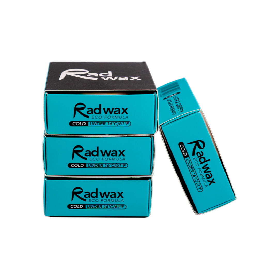 Four Radwax cold formula wax sticks in bright turquoise packaging with black tops, arranged on a plain white background.