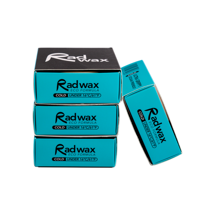 Four Radwax cold formula wax sticks in bright turquoise packaging with black tops, arranged on a plain white background.