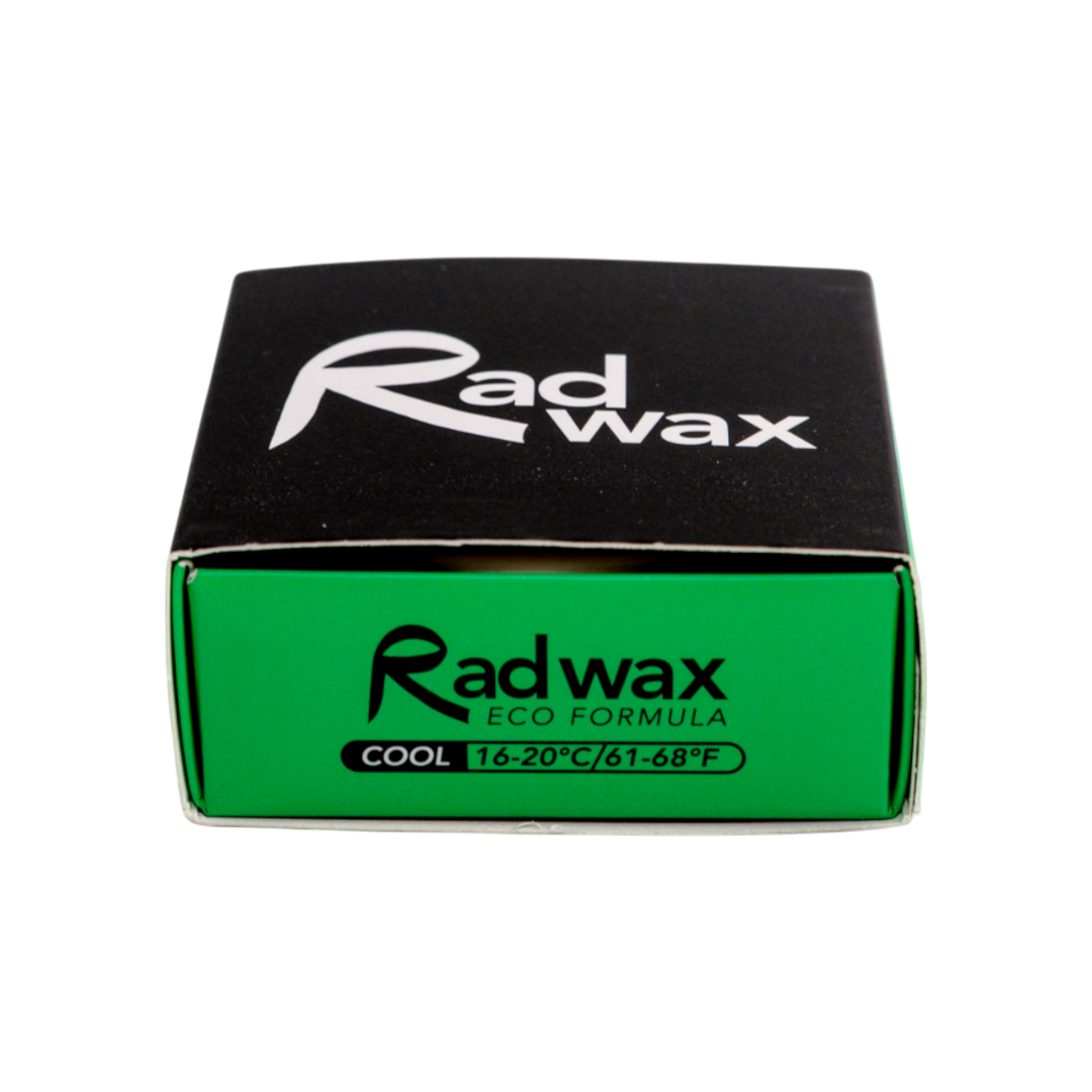 A square black and green box of Radwax Eco Formula Cool wax, shown on a plain white background.