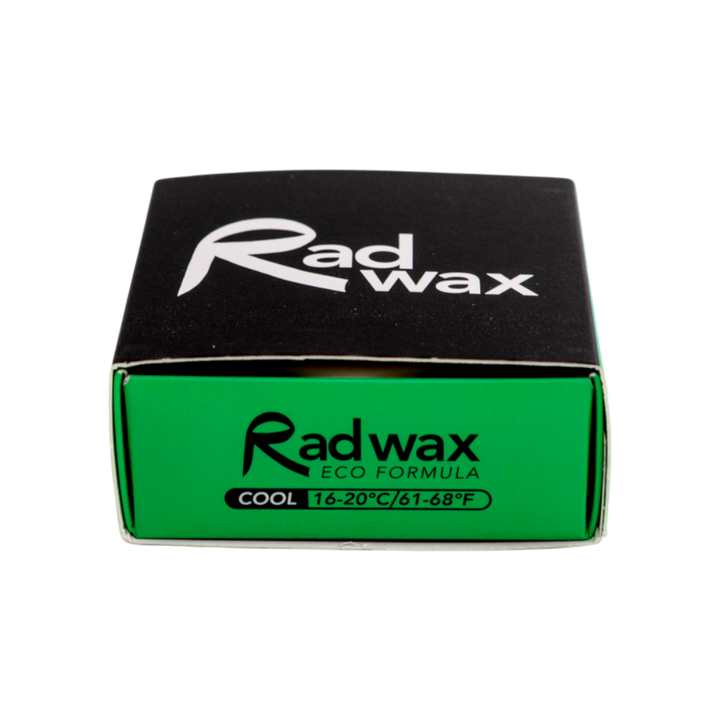A square black and green box of Radwax Eco Formula Cool wax, shown on a plain white background.