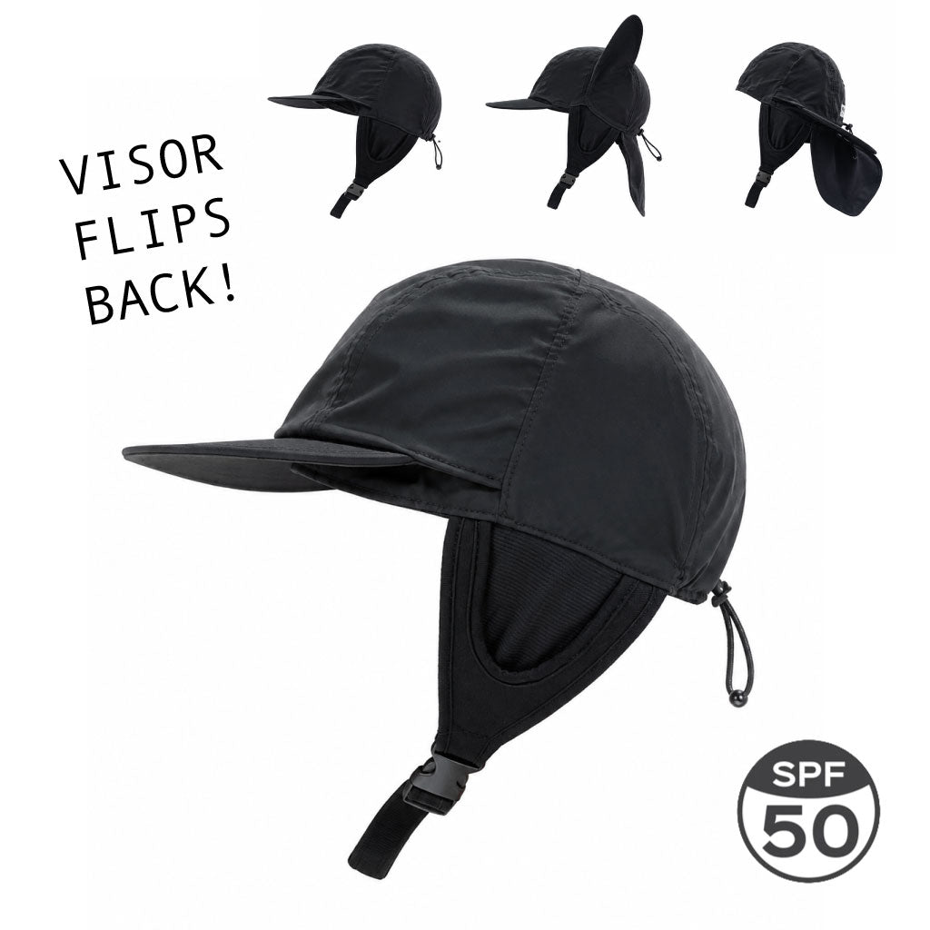 Black sun protection hat with visor that flips back, featuring SPF 50 label on a white background.