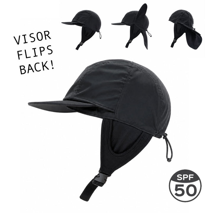 Black sun protection hat with visor that flips back, featuring SPF 50 label on a white background.
