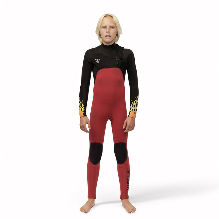 Person wearing a black and red wetsuit on a white background