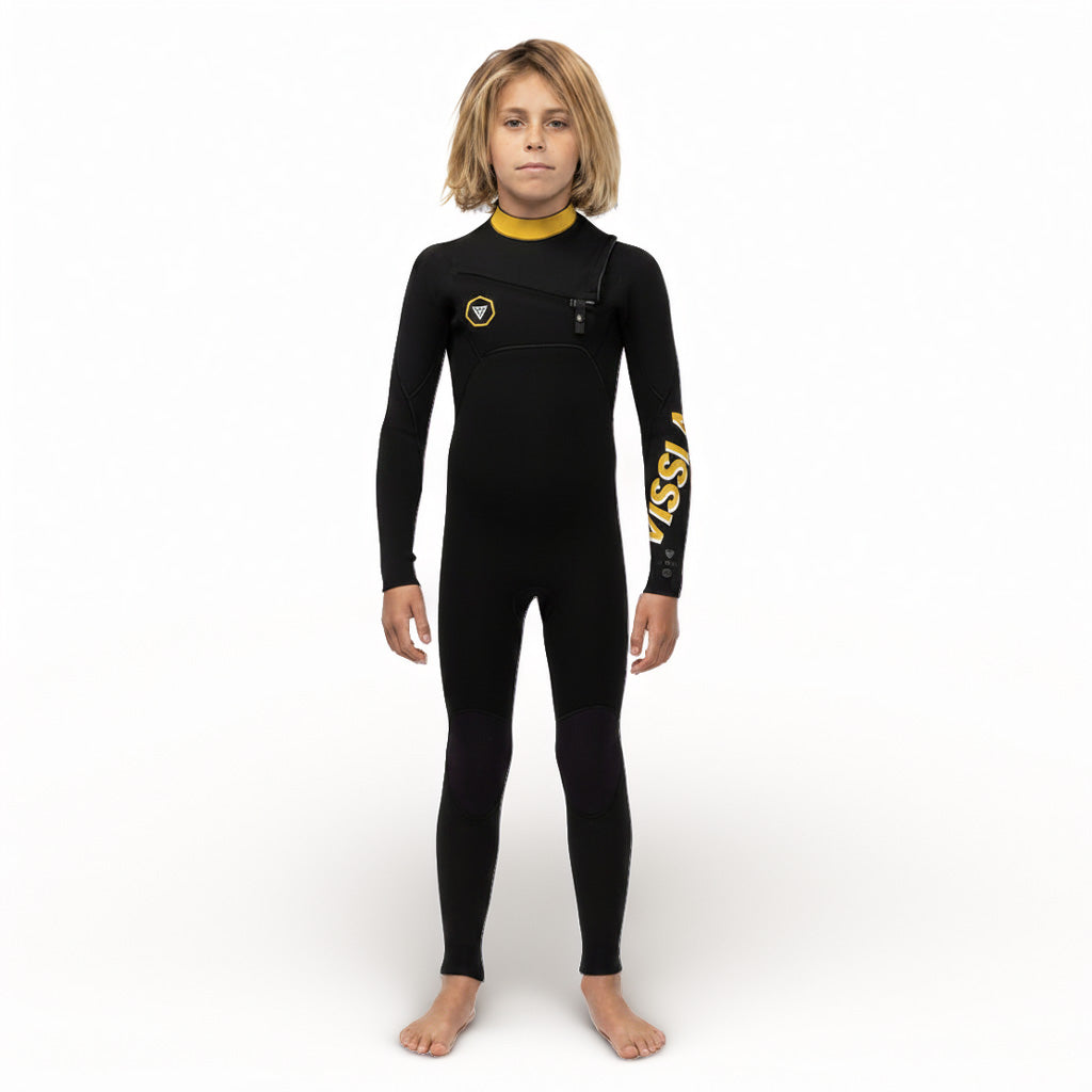 Child wearing a black and yellow wetsuit on a white background