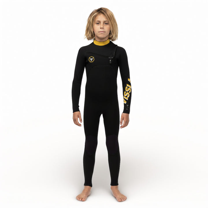 Child wearing a black and yellow wetsuit on a white background