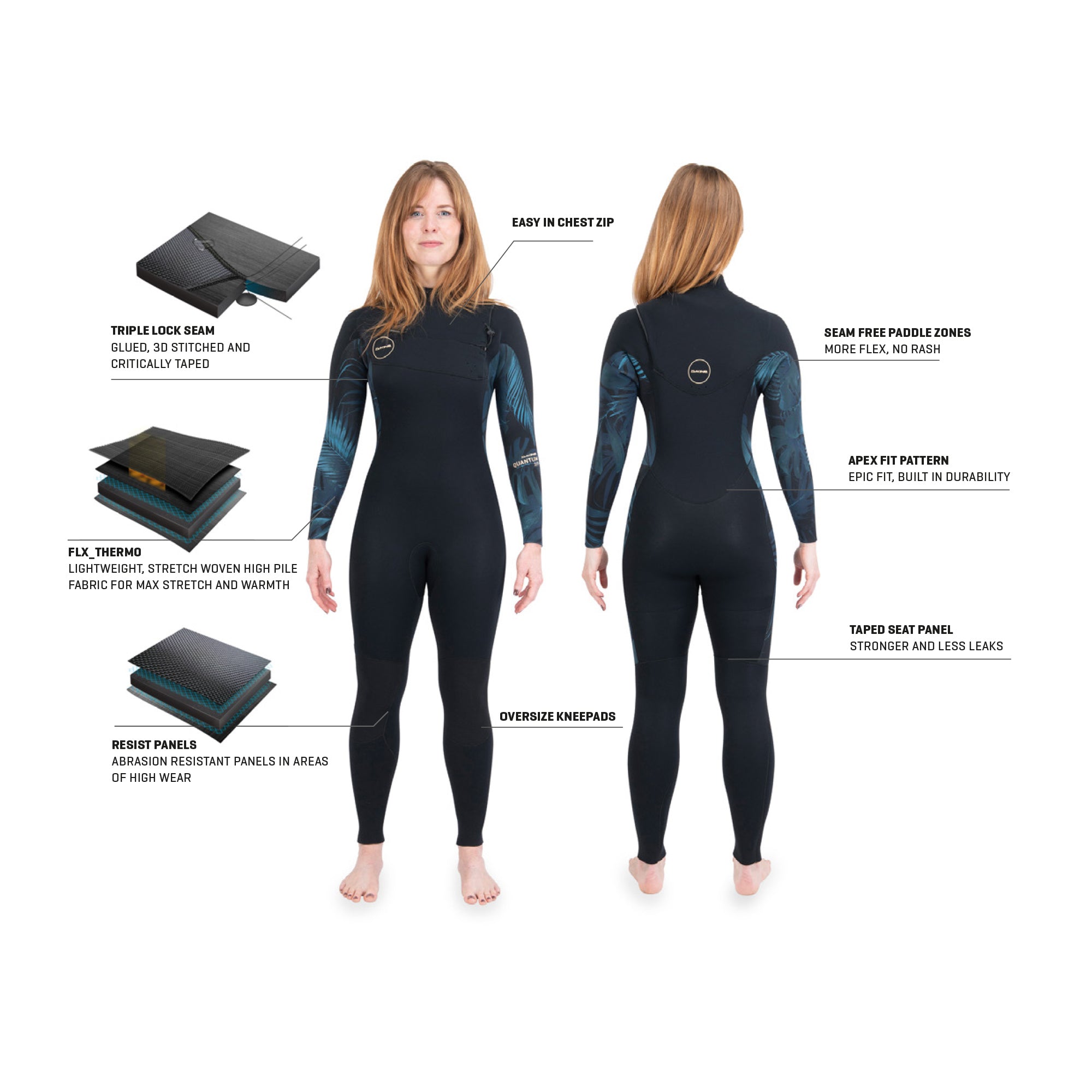 Dakine Womens Quantum Chest Zip Full Suit 3/2 (Black / Grey) | Wetsuits | Dakine