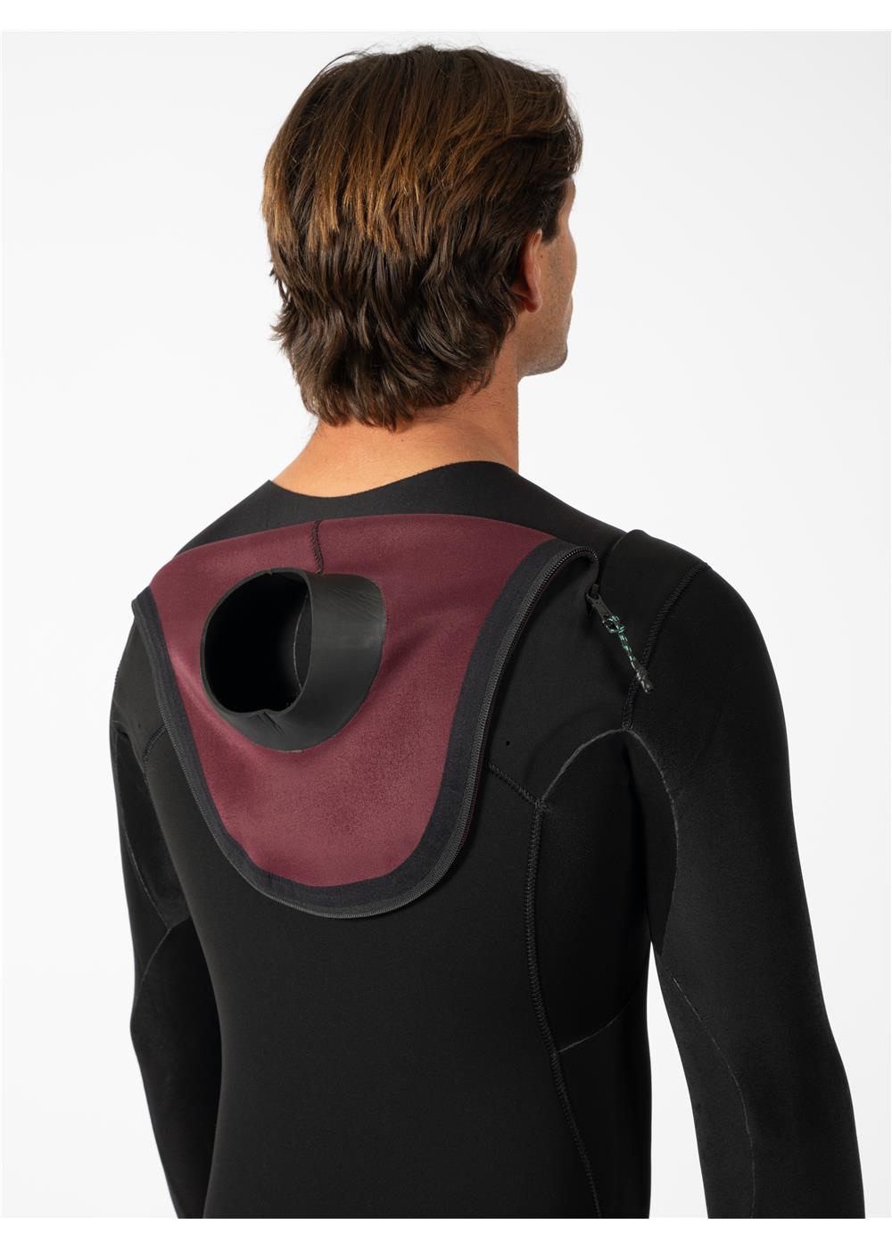 Vissla wetsuit hood detail with maroon interior lining.