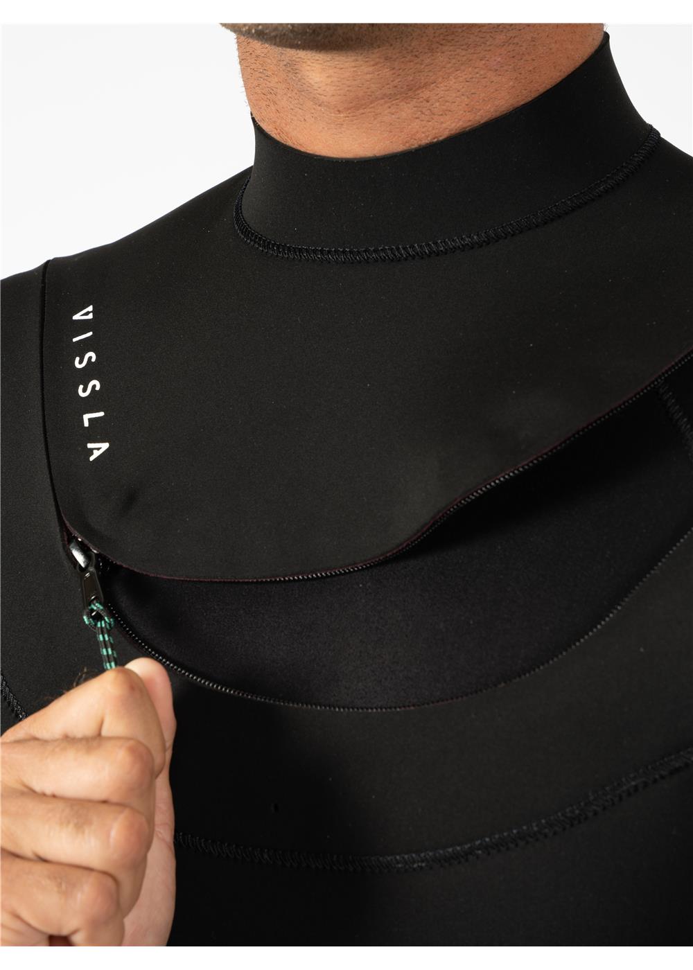 Close-up of Vissla New Seas wetsuit chest zip detail.
