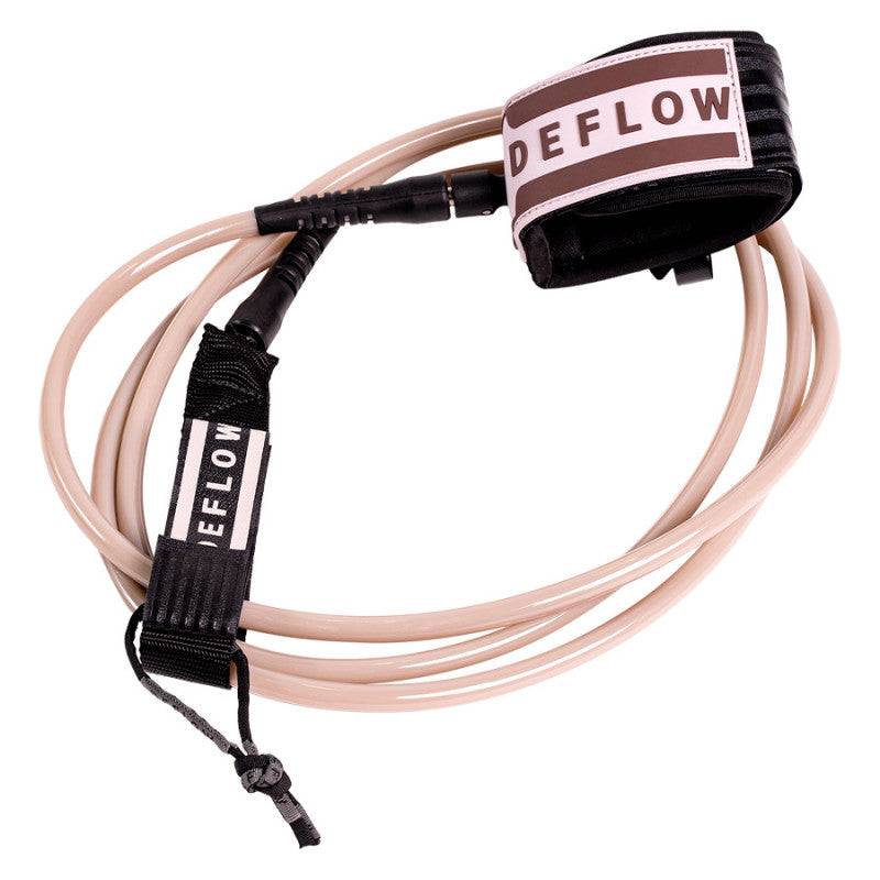 Deflow surfboard leash with pink cord and black connectors on a white background