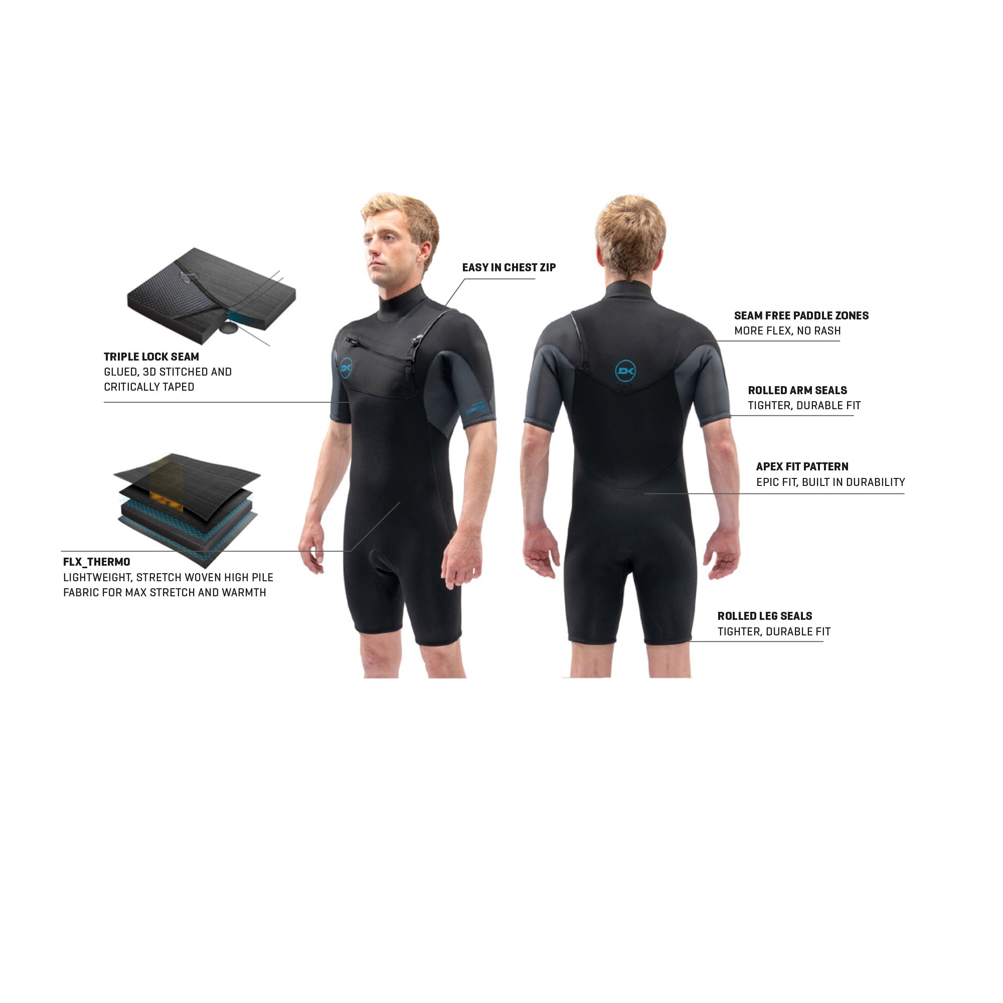 Dakine Mens Quantum Chest Zip Shorty 2/2 (Black / Grey) | Wetsuits | Dakine