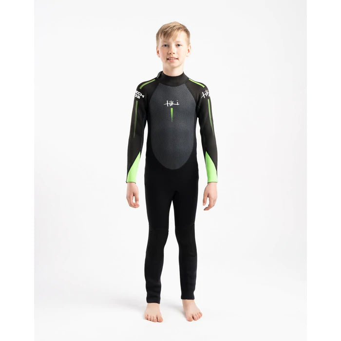 Tiki Junior Tech 3/2mm F/L Back Zip Steamer Wetsuit - Black / Green | Wetsuits | Tiki