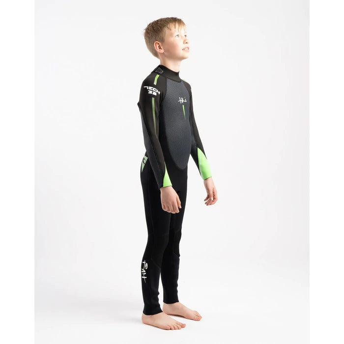 Tiki Junior Tech 3/2mm F/L Back Zip Steamer Wetsuit - Black / Green | Wetsuits | Tiki
