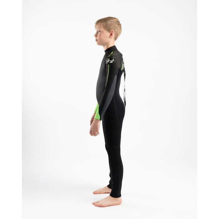 Tiki Junior Tech 3/2mm F/L Back Zip Steamer Wetsuit - Black / Green | Wetsuits | Tiki
