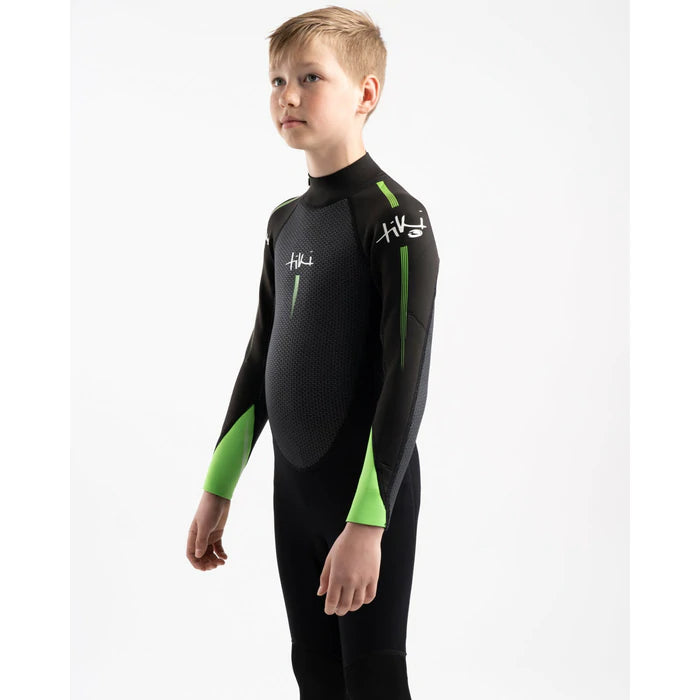 Tiki Junior Tech 3/2mm F/L Back Zip Steamer Wetsuit - Black / Green | Wetsuits | Tiki